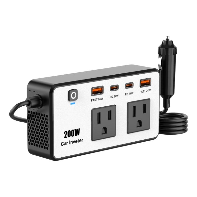 

High Efficiency 200W Car Inverter DC12V to 110V with USB C and USB A Fast Charging for Laptops and Devices Long Drives 1