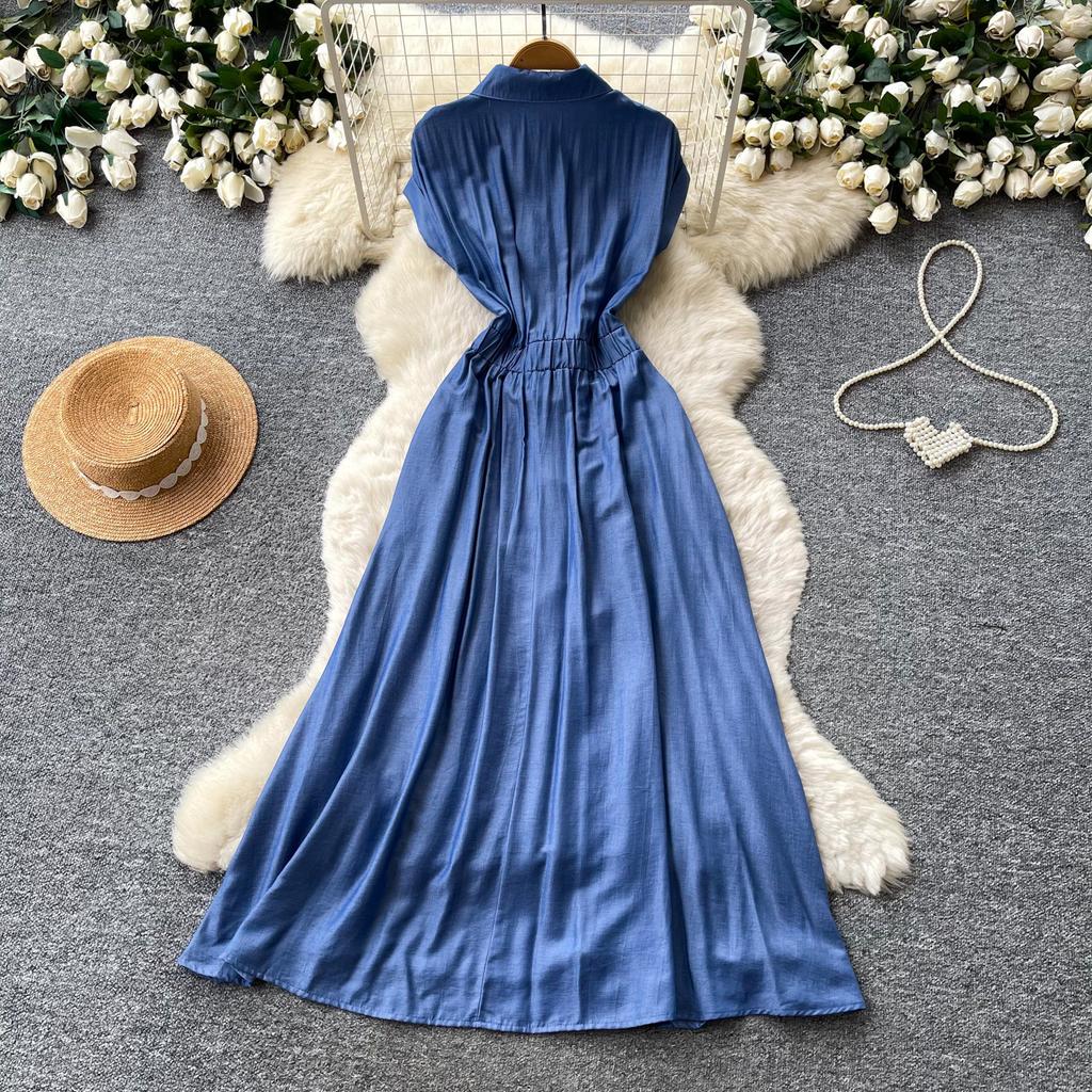 French retro V-neck metal buckle sleeveless dress for women's summer waist and thin elegant temperament long dress