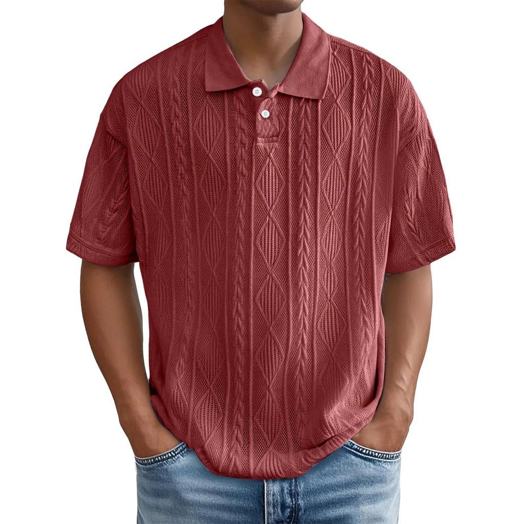 Casual  Shirts For Men Jacquared Texture Short Sleeve Tshirts Summer Loose Fit Breathable Outdoor Tops Plus Size