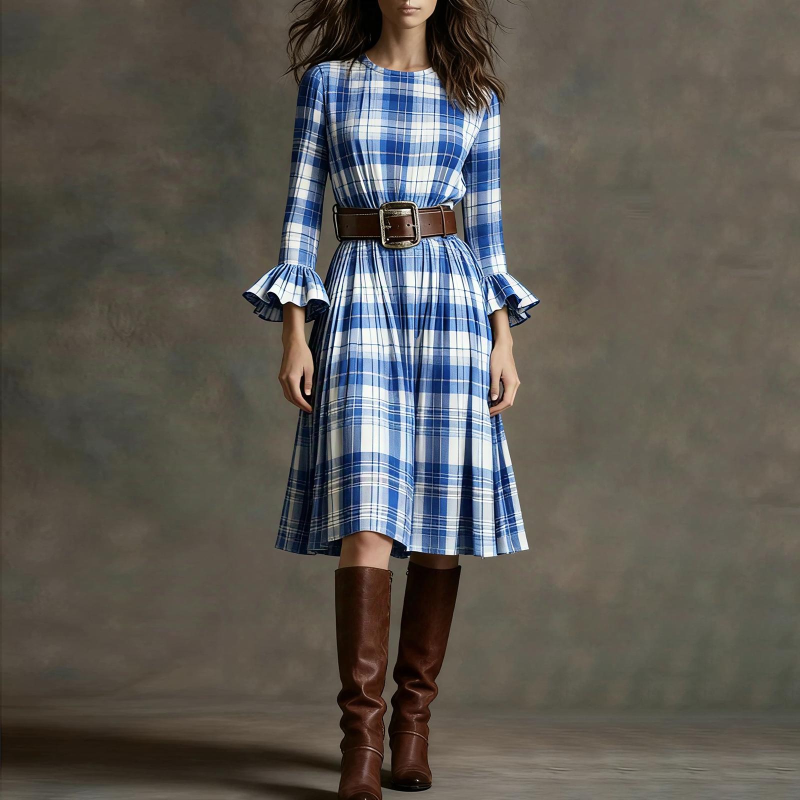 

Women s Fashionable Round Neck Plaid Print Retro Long Sleeved Casual Dress With Belt L