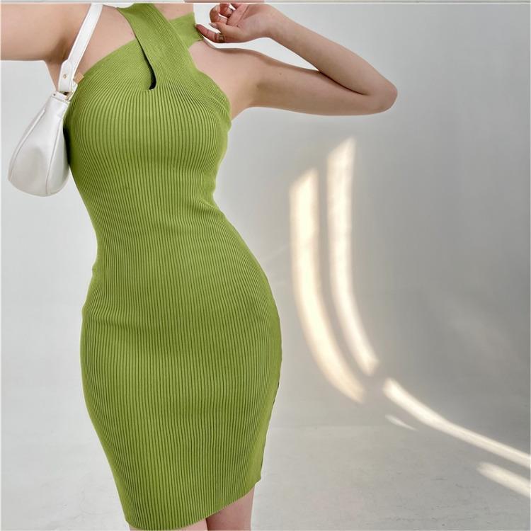 Summer Slim Knit Dress With Crosshalter Neck For Casual Women