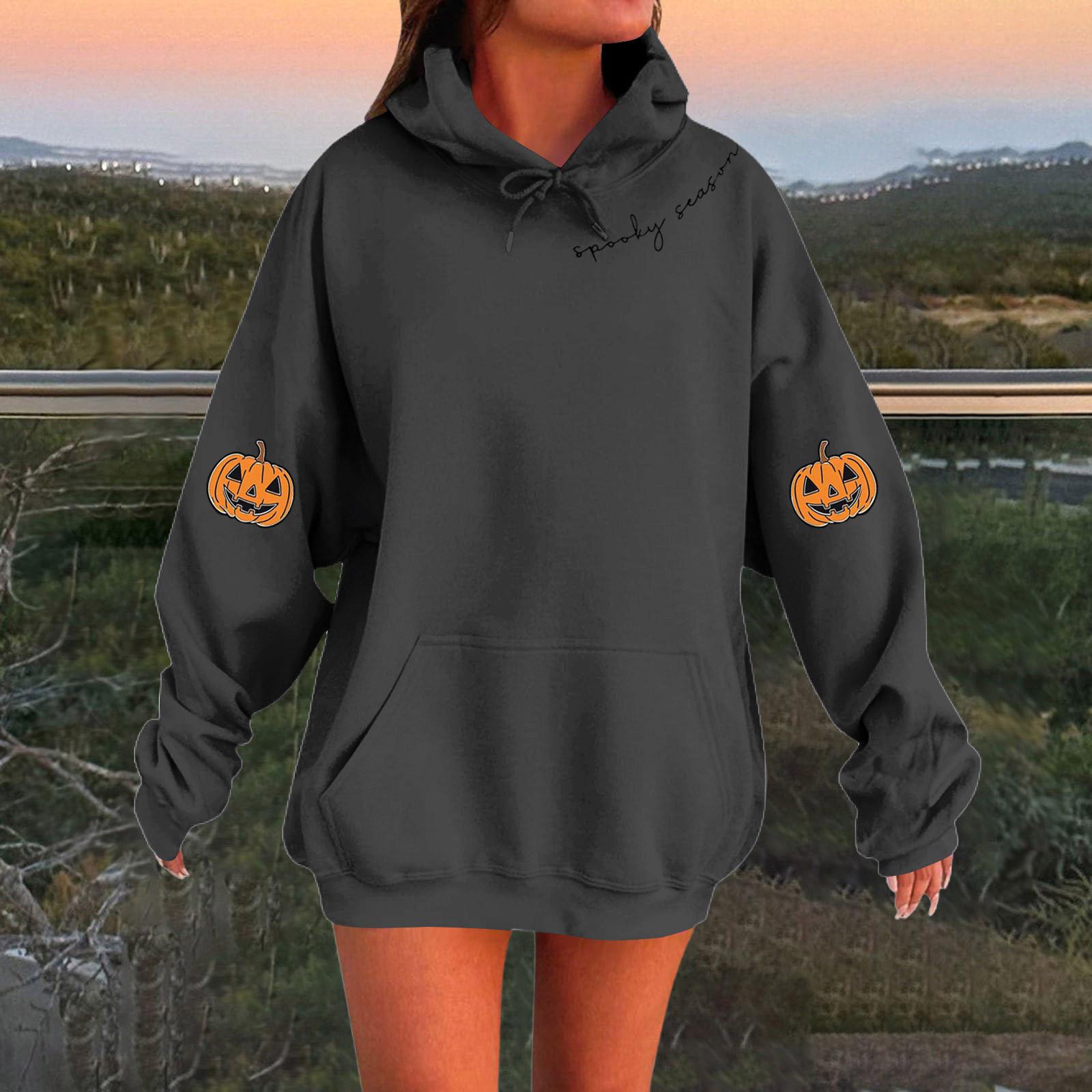 

Женский однотонный пуловер с длинным рукавом, капюшоном и повседневным принтом на Хэллоуин L