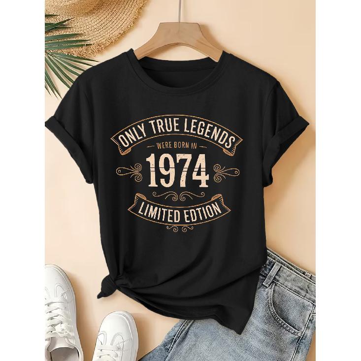 2026New SpringSummer Women's Round Neck 1974 Vintage Legendary Birthday Print Short Sleeve T Shirt Vintage Distressed Casual Top Soft Knit