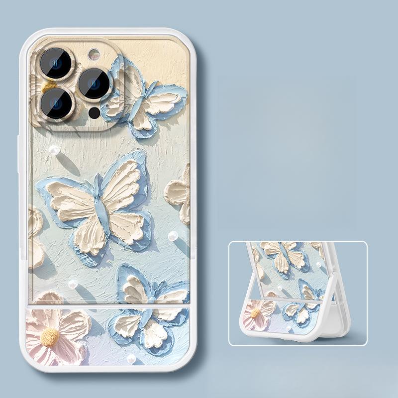 Ins Oil Painting Butterfly Suitable for 16promax IPhone Case Iphone15 Invisible Bracket 14 Silicone 13/12
