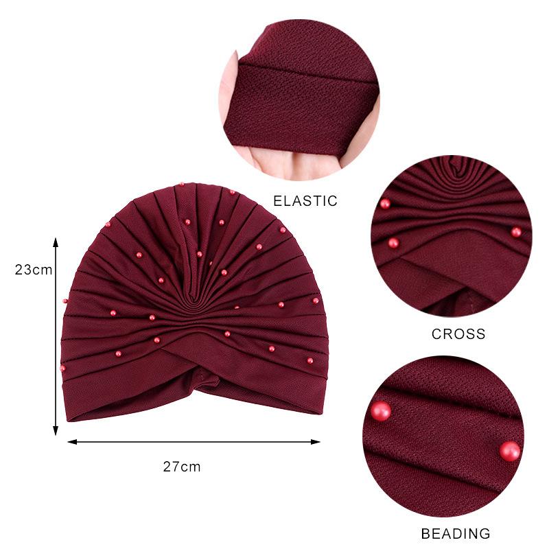 New Women Pearls Beaded Turban Hats Beanies Muslim Headwraps Ladies Hijab Stretch African Hair Loss Bonnet Chemo Cancer Cap