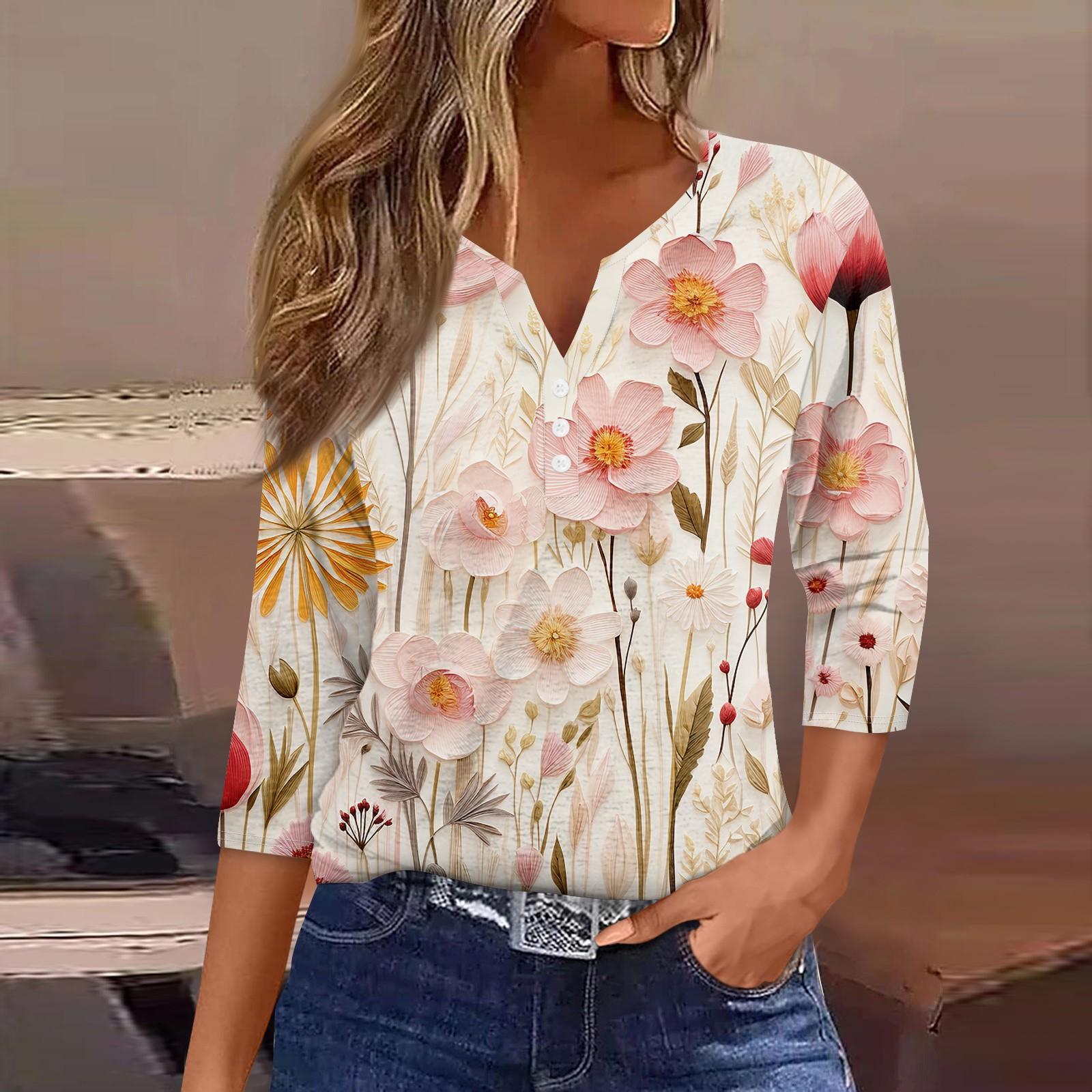 

Жен. Футболка Футболка С принтом Пуговицы Рукав 3/4Ежедневно Выходные Мода Классический Топ с v-образным вырезом Обычный XXXL розовый