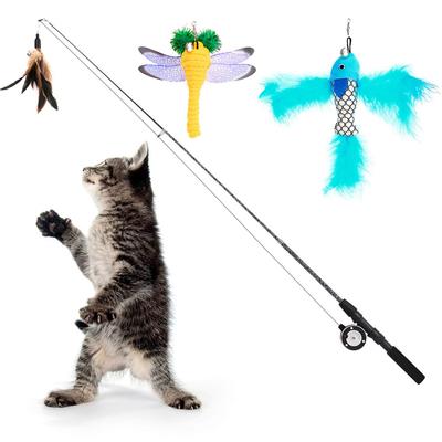 Pawaboo Cat Feather Wand with Spinning Telescopic Fishing Rod Manual Cat Fishing Cat Cat Bell Artificial Includes 3 Replacement Lack of Stress Relief