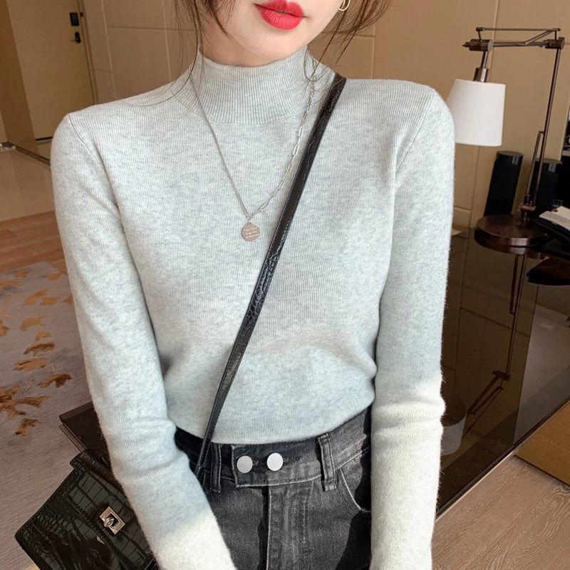 Semi High Neck Sweater Women Knit Base Layer Slim Fit Long Sleeve Versatile Top