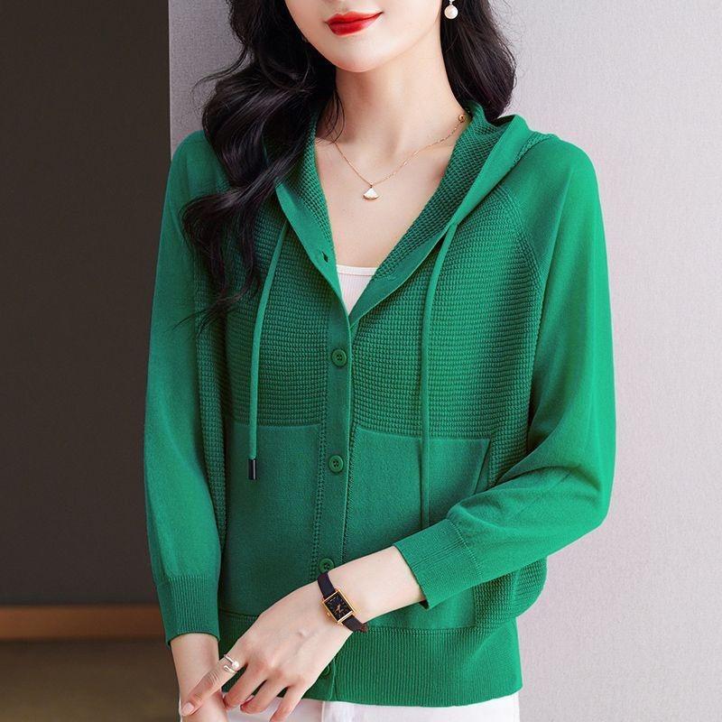 Ice Silk Knitwear Hooded Cardigan Jacket Short Loose Bottoming Shirt Thin Women's Autumn Sweatshirt