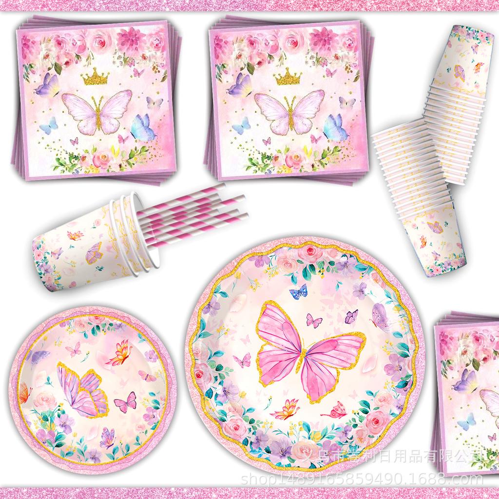 Butterfly Theme Party Supplies Party Decoration Windshield Flag Disposable Tableware Paper Plate Paper Cup