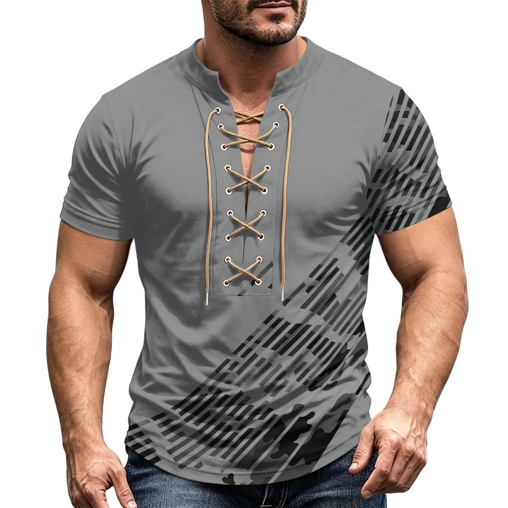 Herren Sommer Retro V-Ausschnitt Hemd Kurzarm Lässig Farbe Oberteil