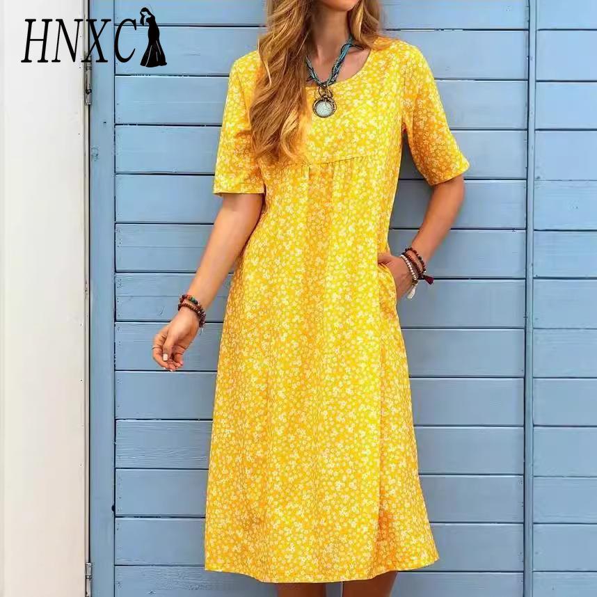 HNXC Women's Fashion Summer Spring Solid Color Print Short Sleeve O-Neck High Waist Casual Dresses