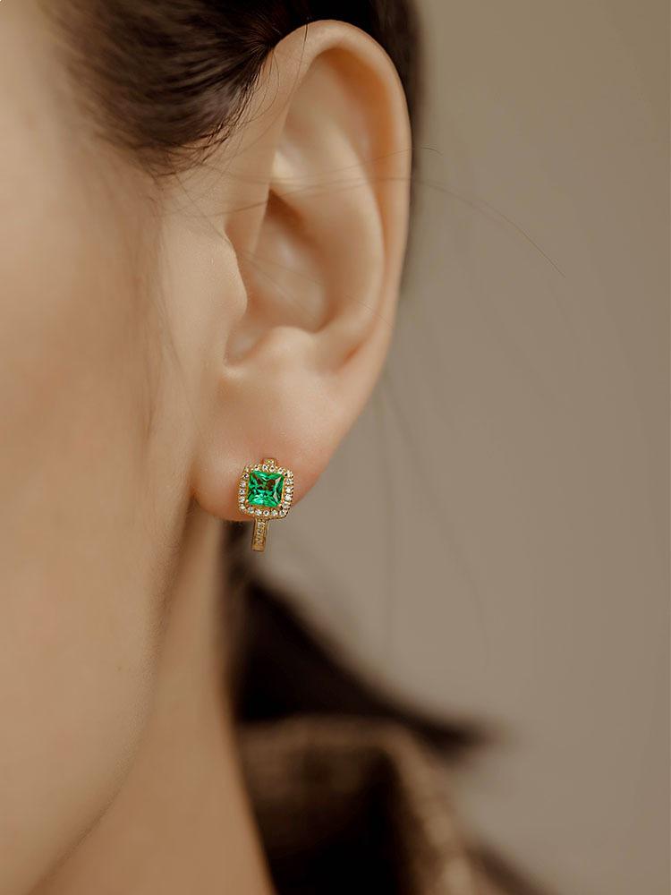 18K Gold-Plated S925 Sterling Silver Ear Cuffs with Green Square Zirconia - Luxury Retro Earrings for Women