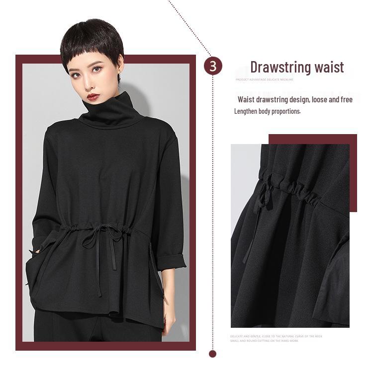 Trendiges Damen Oberteil im europäischen und amerikanischen Stil, dunkel, langärmlig, mit Kordelzug in der Taille - Frühling/Herbst