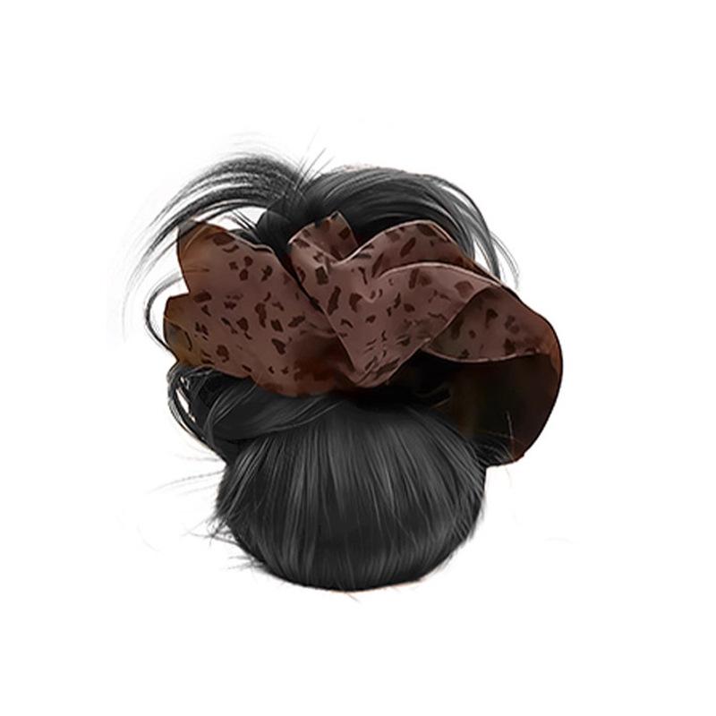 Retro Leopard Print Claw Clip Low Bun with Hair Tie and Natural Fluffy Flower Bud Design