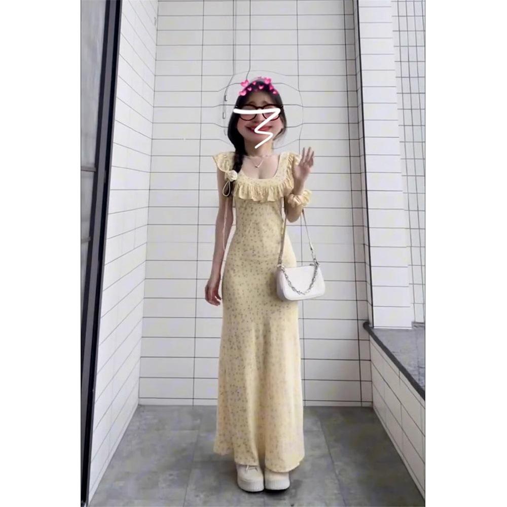 

Французское ретро цветочное платье с квадратным вырезом и оборками - Женское летнее платье макси, подчеркивающее талию, в милом, нежном стиле Extra Large