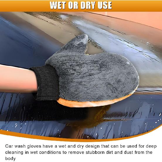 2PCS Car Wash Mitt, Coral Fleece Microfiber Dusting Mitt with Thumb, No Scratch No Lint Cleaning Glove with Elastic Wrist Cuff, Reble Car Washing and
