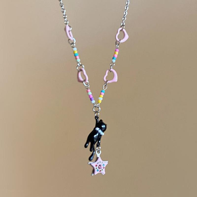 Kitten Pink Star Pendant Beaded Necklace Y2K Cute Sweet Cool Ins Style Clavicle Chain Girl Choker Jewelry Accessories Party Gift
