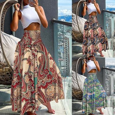 Women Fashion Floral Print Folds Bohemian Elastic High Waist Skirt Ladies Knee-Length Long Skirts for Women