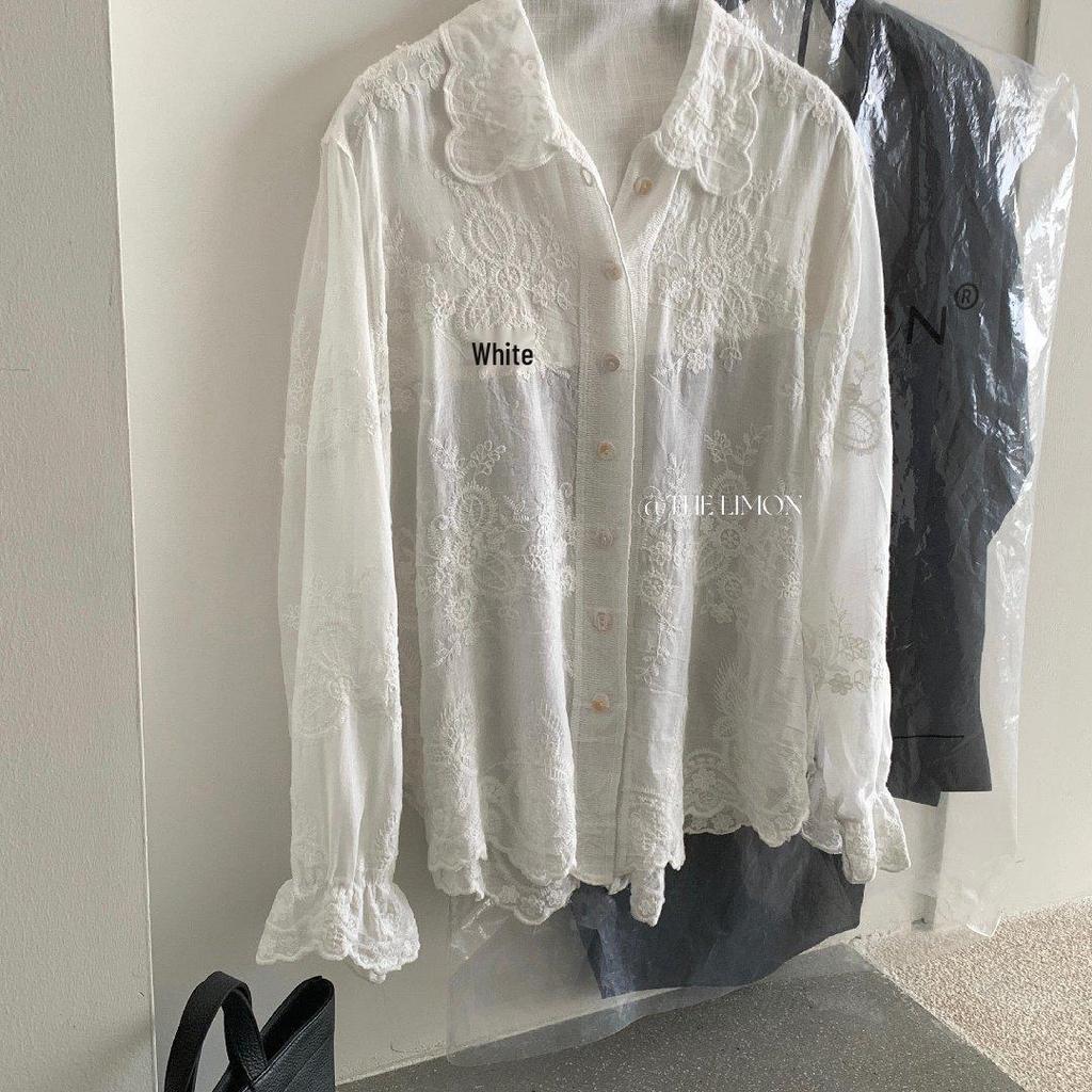 Women's Lemon Green Tea Lace Embroidery Jacquard Shirt - 3D Retro Sun Protection Cardigan for Spring 2026.
