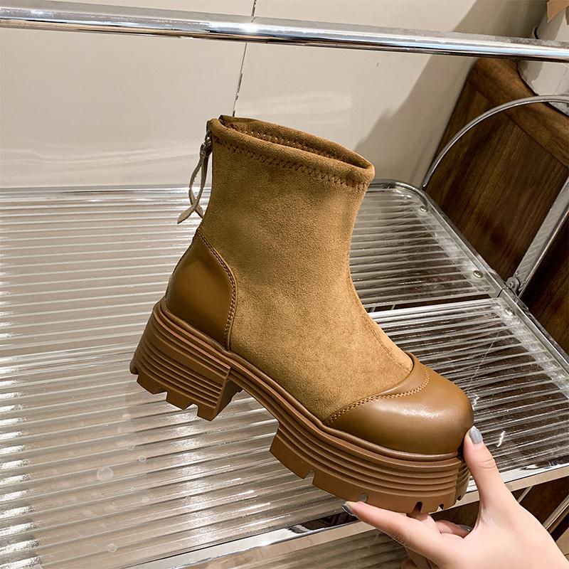 Vintage Platform Splicing Woman Ankle Boots Design Back Zippers Thick Sole Shoes  2026 Autumn Winter Short Botas Para Mujer