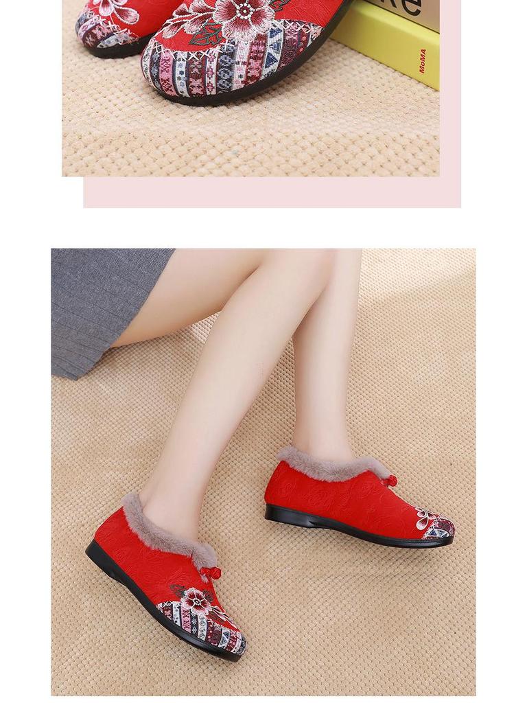 Women's Plush Cotton Flat Shoes - Ethnic Embroidered Style for Middle-aged and Elderly