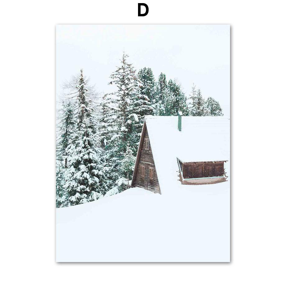 Vinter Snø Skog Fjell Furutre Elg Hjort Veggkunst Lerretsmaleri Plakater og utskrifter Veggbilder til stuedekor
