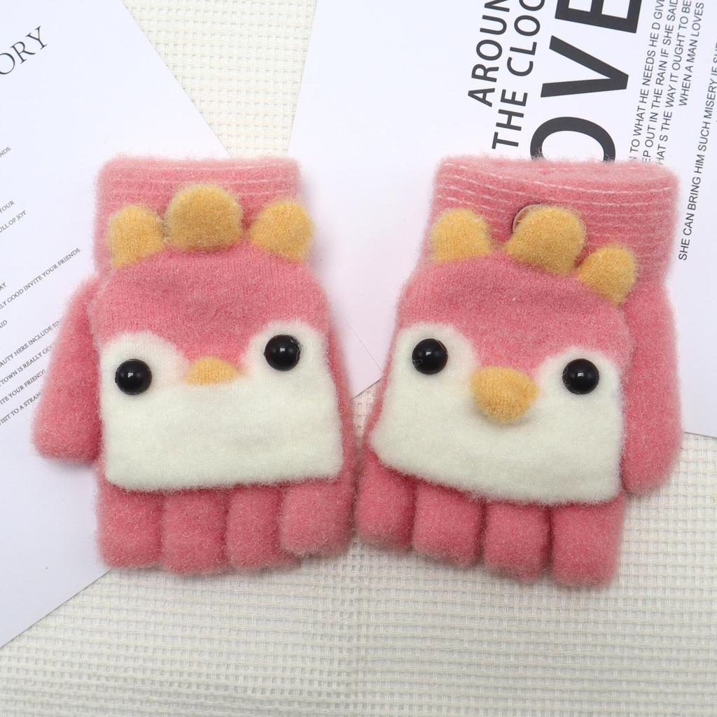Kids' Warm Knitted Wool Half-Finger Flip-Top Gloves – Cute Chick Design for Writing in Winter