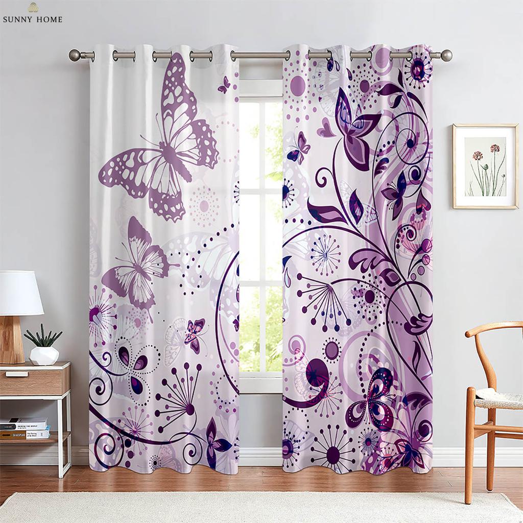 Window Curtains Floral Butterfly Print Curtains Pastoral Style Bedroom Living Room Kitchen Decorative Curtains 2 Pieces