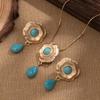 New Fashion Ethnic Flower Water Drop Blue Stone Pendant Choker Necklace Stud Earrings for Women Jewelry Set Wed Accessories Gift