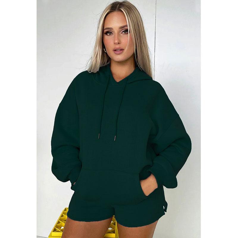 Autumn and Winter New Product Solid Color Thickened Velvet, Hooded Long Sleeve Hoodie, Women's Fashion Casual Shorts Set