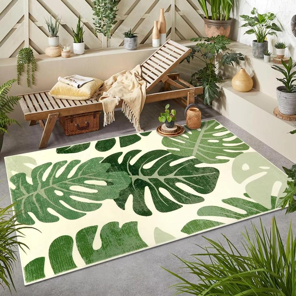 Tappeto Grande Foglia di Monstera in Flanella Verde per Soggiorno Tappeto Sotto Divano Tappeto da Comodino per Camera da Letto Antiscivolo Morbido e Confortevole Casa