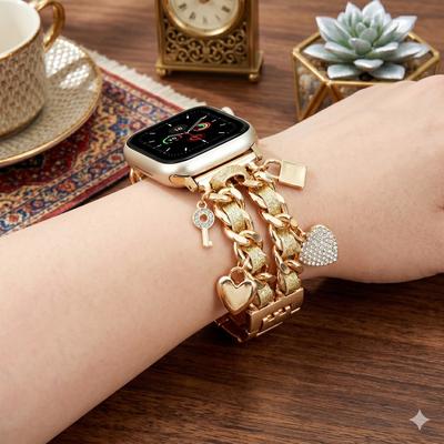 Metall Dünnes Lederseil Doppelherz Uhrenarmband, Verstellbares Smart-Armband für Damen, Kompatibel mit Apple Watch Ultra/SE/11/10/9/8/7/6/5/4/3/2/1