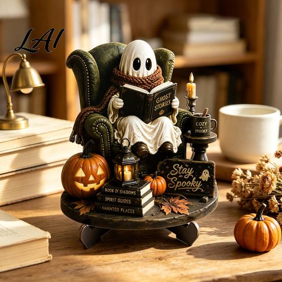 Artistic Halloween Desk Decor Reading Ghost Figurine Wooden Desktop Ornaments Vintage Unique Gothic Room Statue with Stand for Home Tabletop