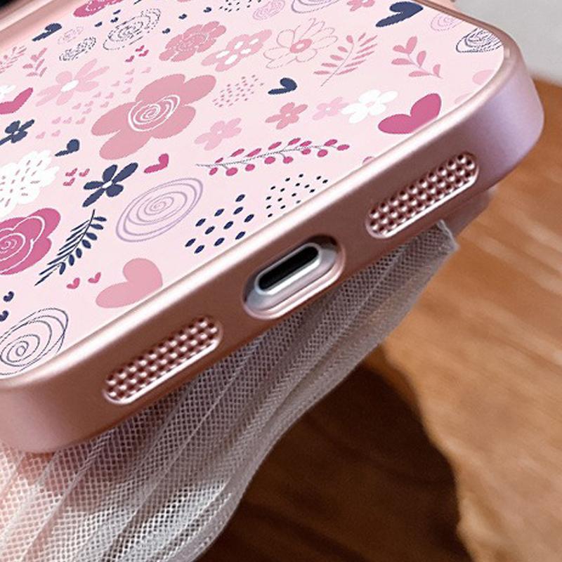 Cute Rose Daisy Love Pattern Pink Metallic Tempered Glass Phone Case For iPhone 17 Pro Max 11 12 13 14 15 16 Plus 17 Air Cover