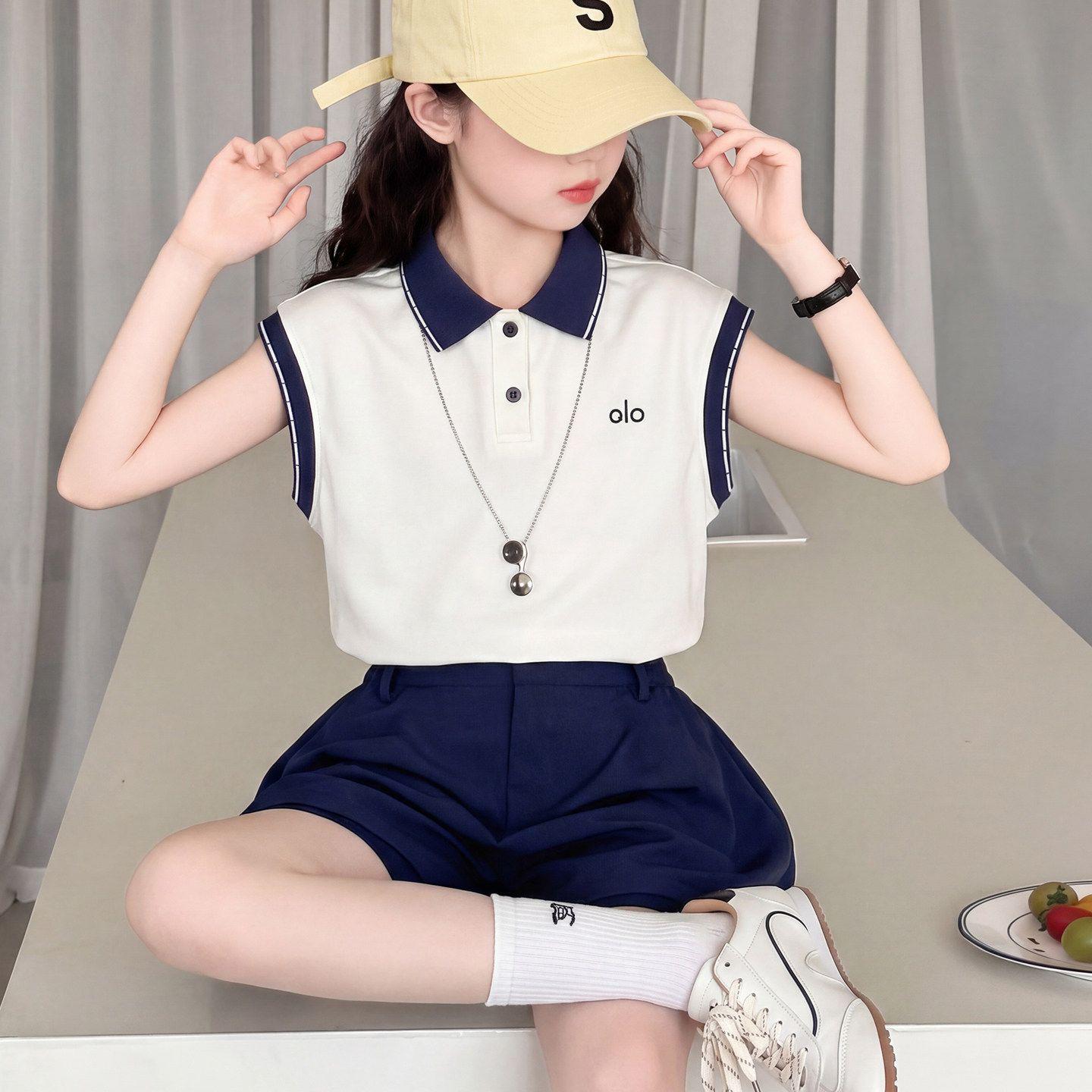 2026 Girls  Summer Two-Piece Set: Stylish Korean POLO Collar Top & Casual Sportswear for Medium and Older Children 150 cm