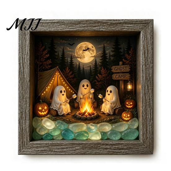 Desktop Mantel Decor Halloween Shadow Box Frame DIY Lighted Craft Kit, Wooden Night Light with Kit for Adults Sea Glass Stones, Gothic LED Memory
