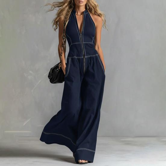Huaqianguhh Women's Sleeveless Jumpsuit, Zip Up Stand Collar Wide Leg Pants Rompers, Casual Summer One Piece Outfits with Pockets