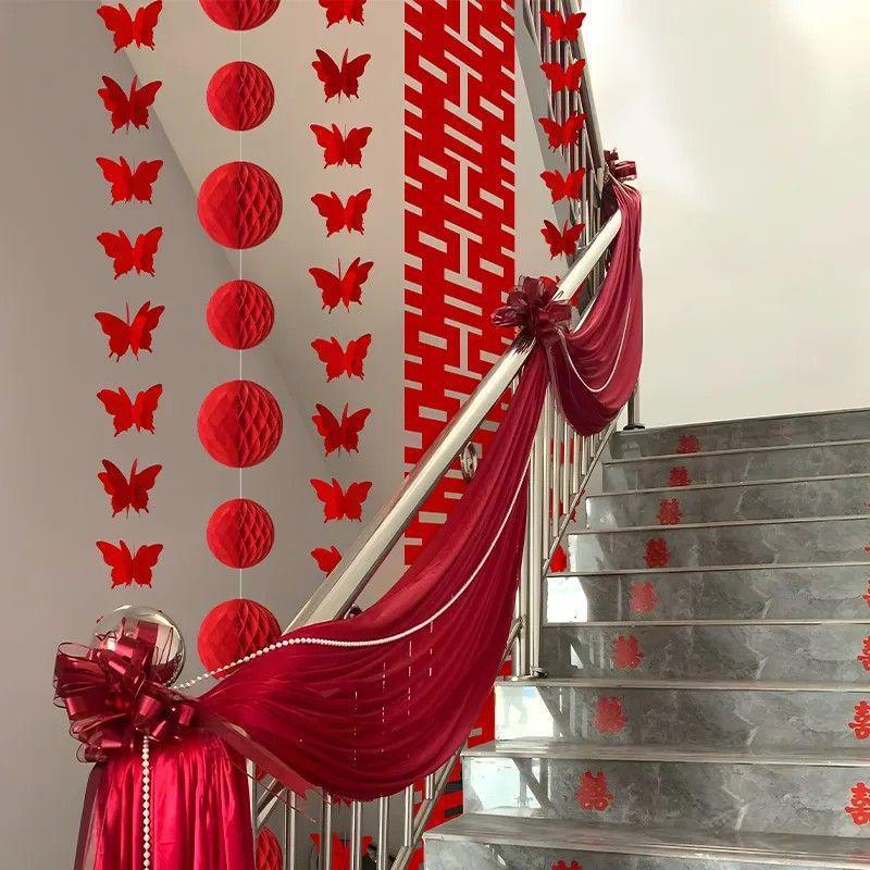 Red Wedding Wave Decoration: Elastic Silk Drapes for Stair Handrails and Indoor Ceilings