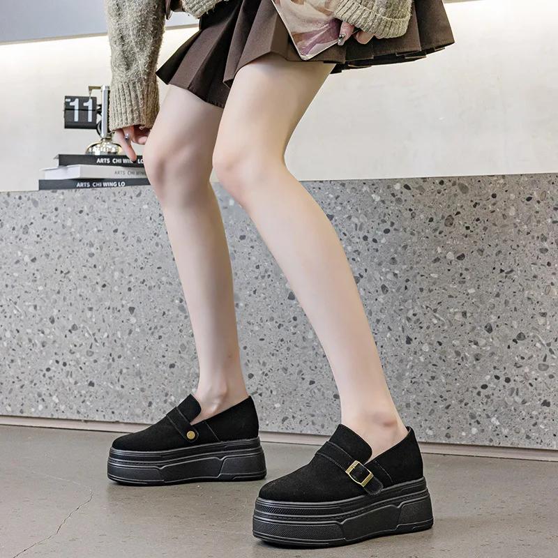 Fashion High Quality 8.5CM Suede Leather Platform Shoes Wedge Sneakers Autumn Sneakers Female Women Hidden Heel Increased Shoes Spring