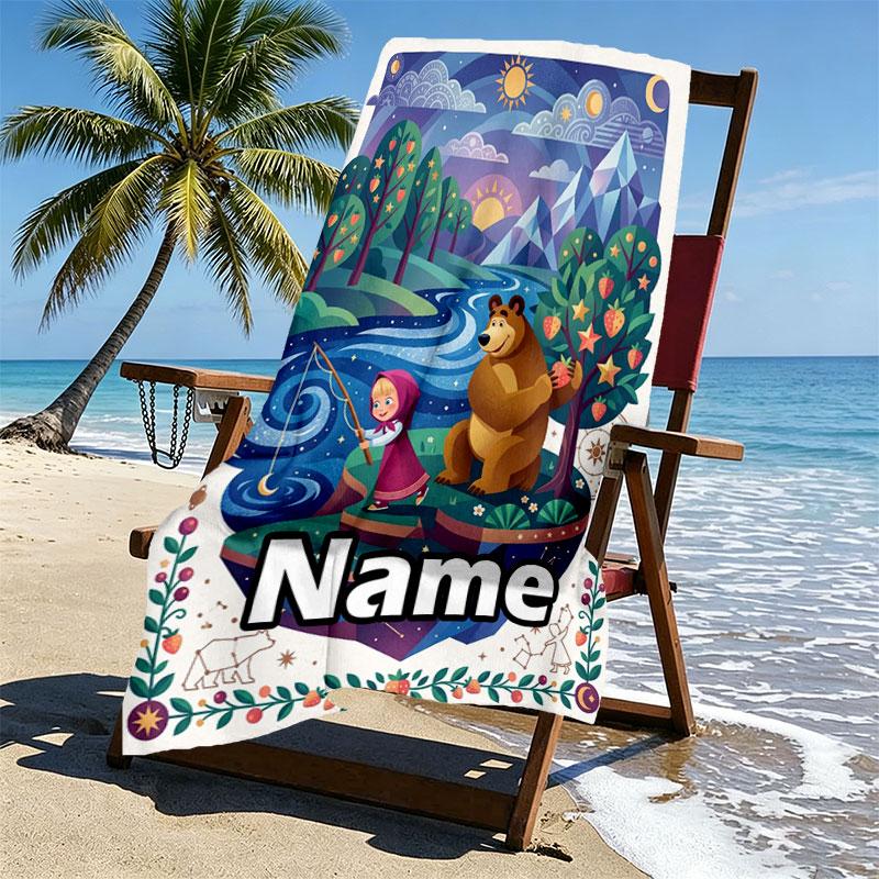 Custom Name Personalized Masha and the Bear Print Beach Towel, for Trip Camping Beach Party Home Decor, Birthday Gift for Family & Friends