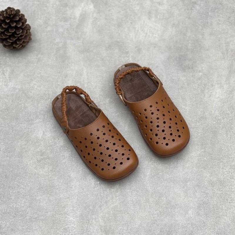 Johnature Handmade Genuine Leather Hollow-out Flat Sandals Comfortable Soft Soled Women's Slip-on Shoes