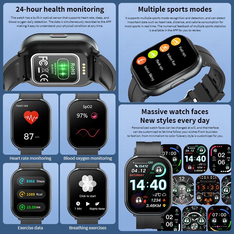 D12 Smart Watch with Earbuds 2-in-1 2" Square Screen Bluetooth Call Fitness Watch Health Monitor