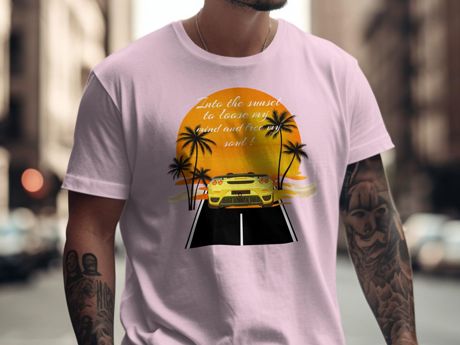 Sports Car Sunset Drive T-Shirt | Palm Tree Road Trip Graphic Tee 3XL