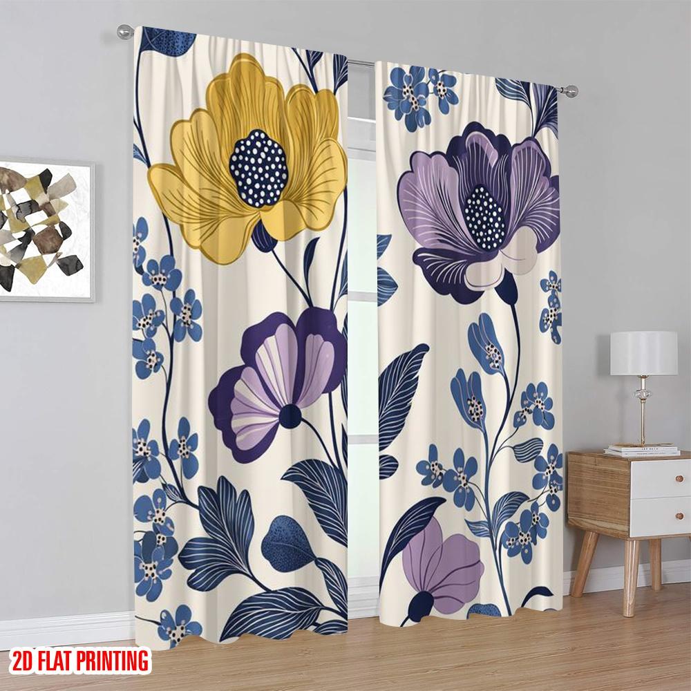 2D flat printing 2pcs Curtain Drapes Yellow and Purple Flowers Digital Printed Polyester Drapes Holiday Decorations Use for