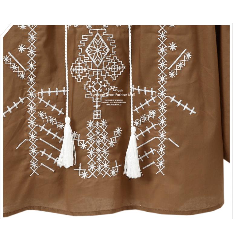 Tooxika New Large Size Women's Tops Ethnic Style Embroidered Blouse Tassel Drawstring Shirt