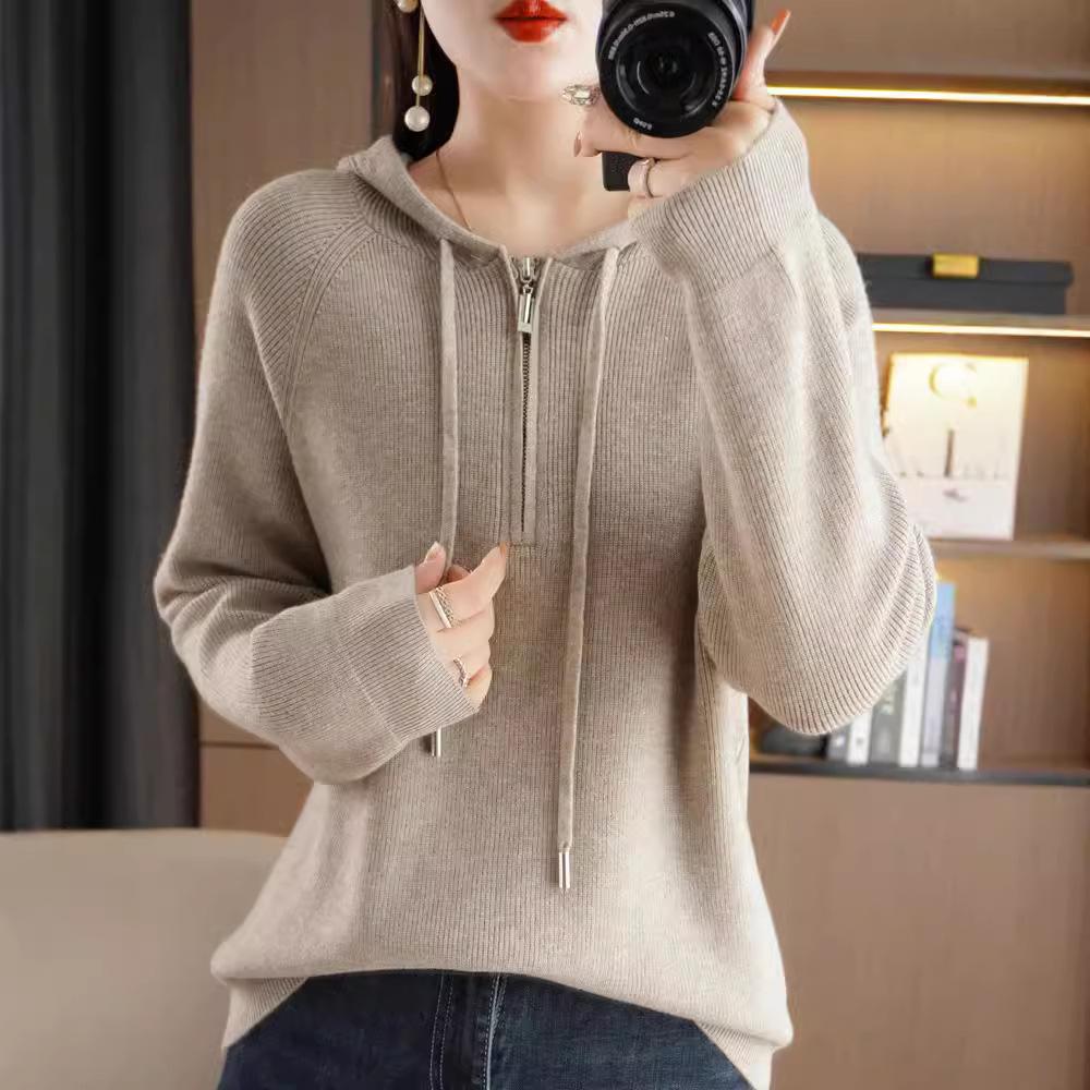 Hooded Solid Color Semi-new Drawstring Sweater Zipper Casual Loose Women's Pullover Andy Velvet Long-sleeved Bottoming Top