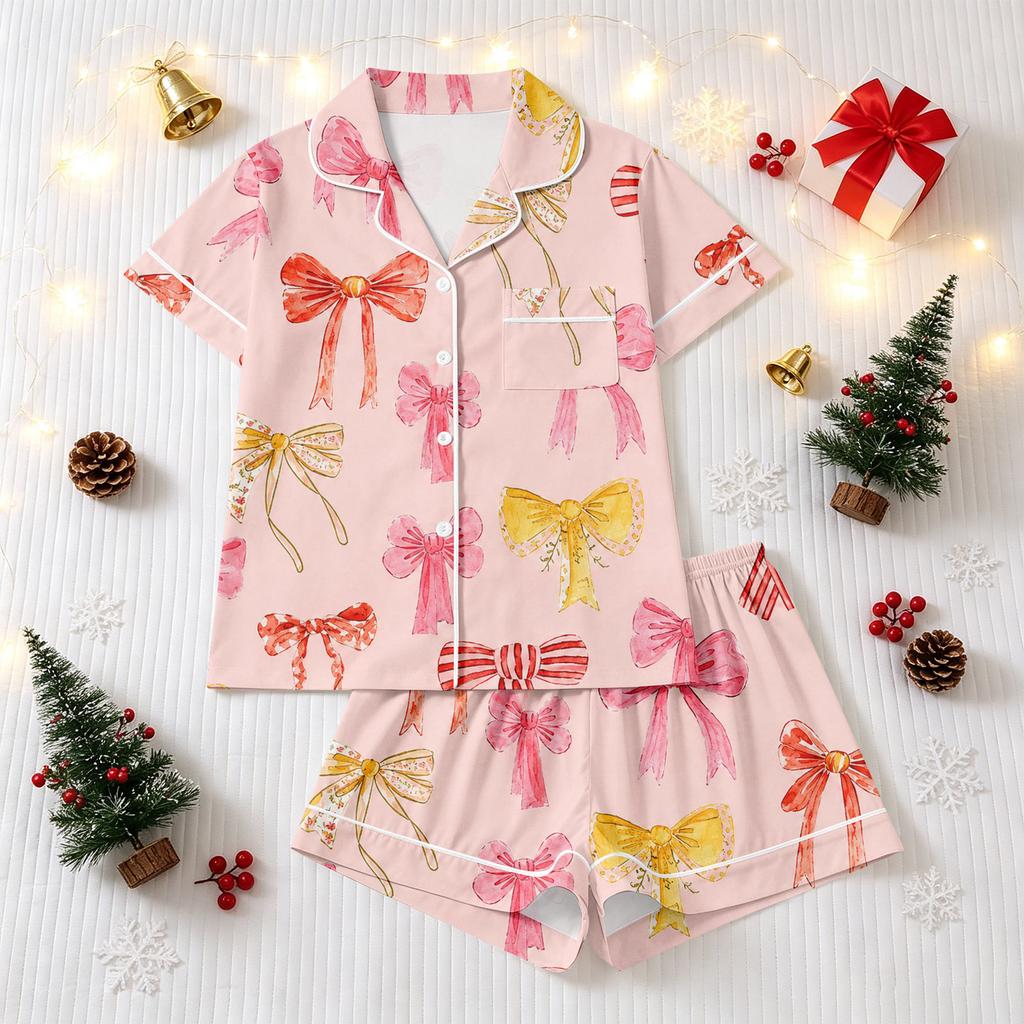 Women's Christmas Pajama Set Short Sleeve Button Down Shirt and Shorts Sleepwear