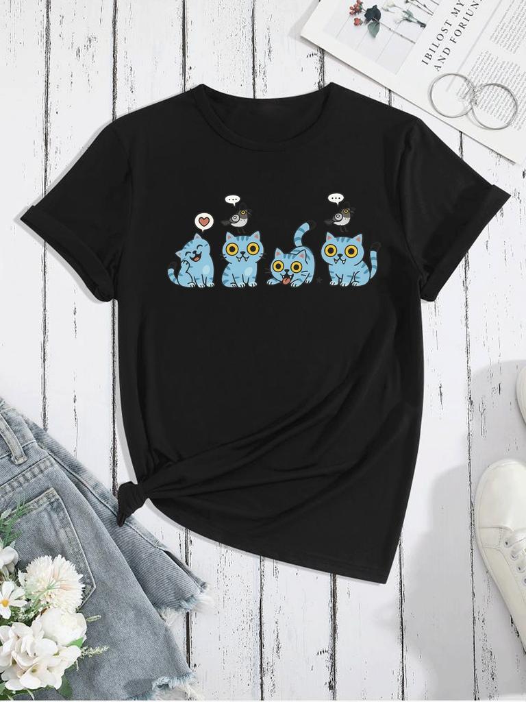 Women's Y2k Kpop-huntrix-tee T-shirt Cute Blue Cats Graphic Tee Soft Stretchy Crewneck Top For Casual Everyday Concert Outfits