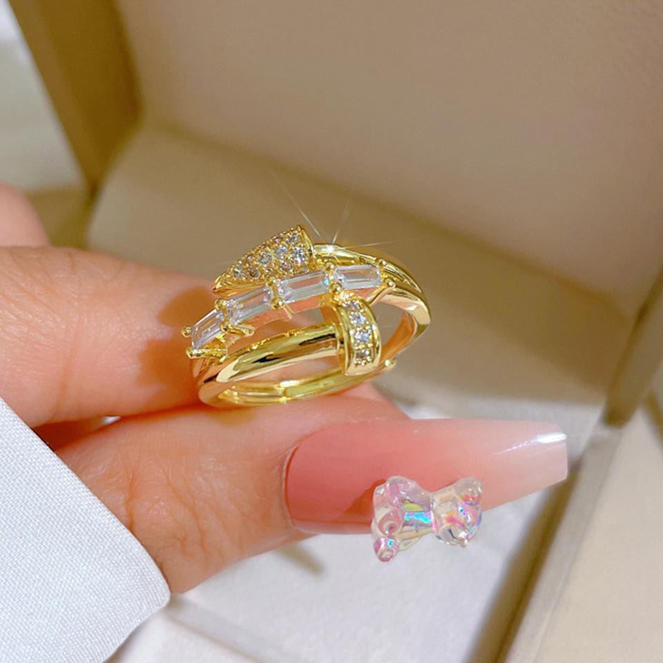 ZAKOL Korean Fashion Three-layer Shiny Zircon Nail Open Ring for Women Engagement Wedding Party Zircon Gift